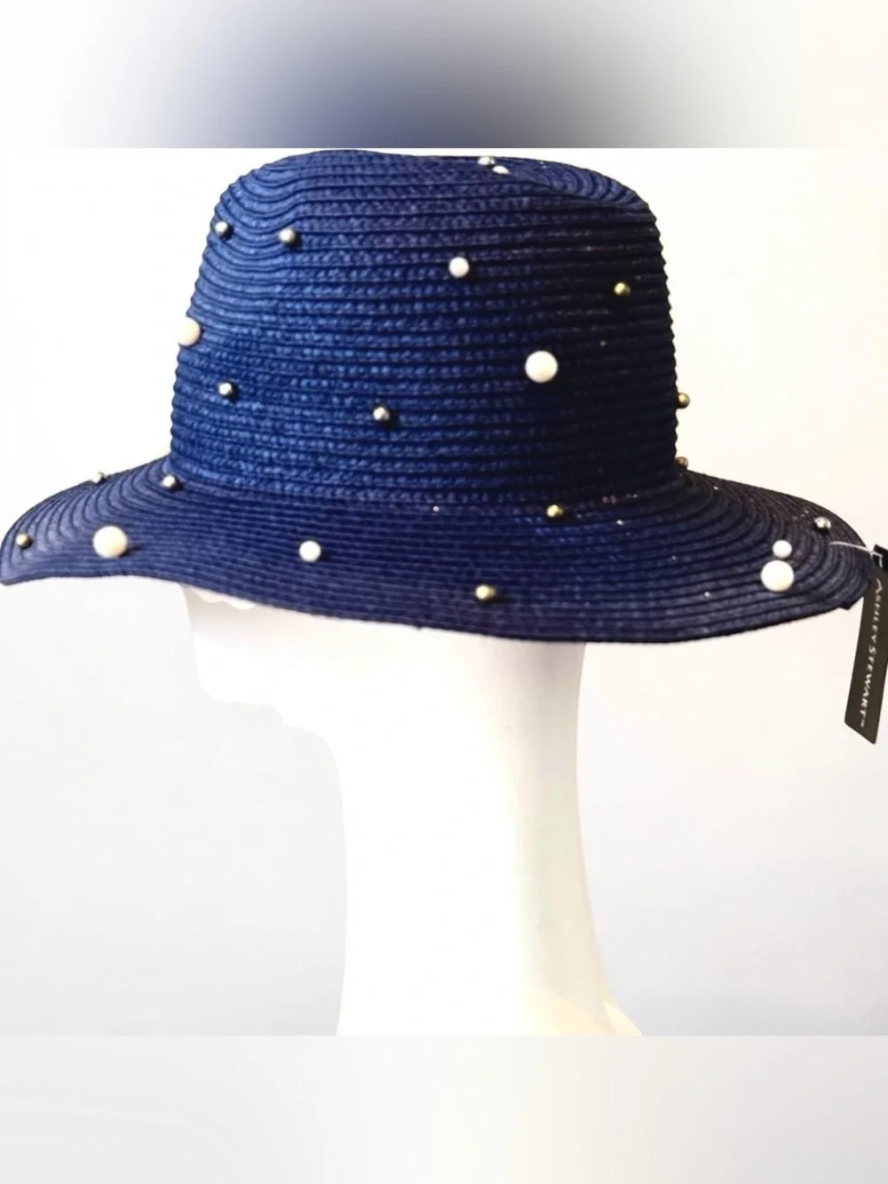 Ashley Stewart Navy Blue Pearl Studded Straw Hat Sun Glam Wide Brim NWT